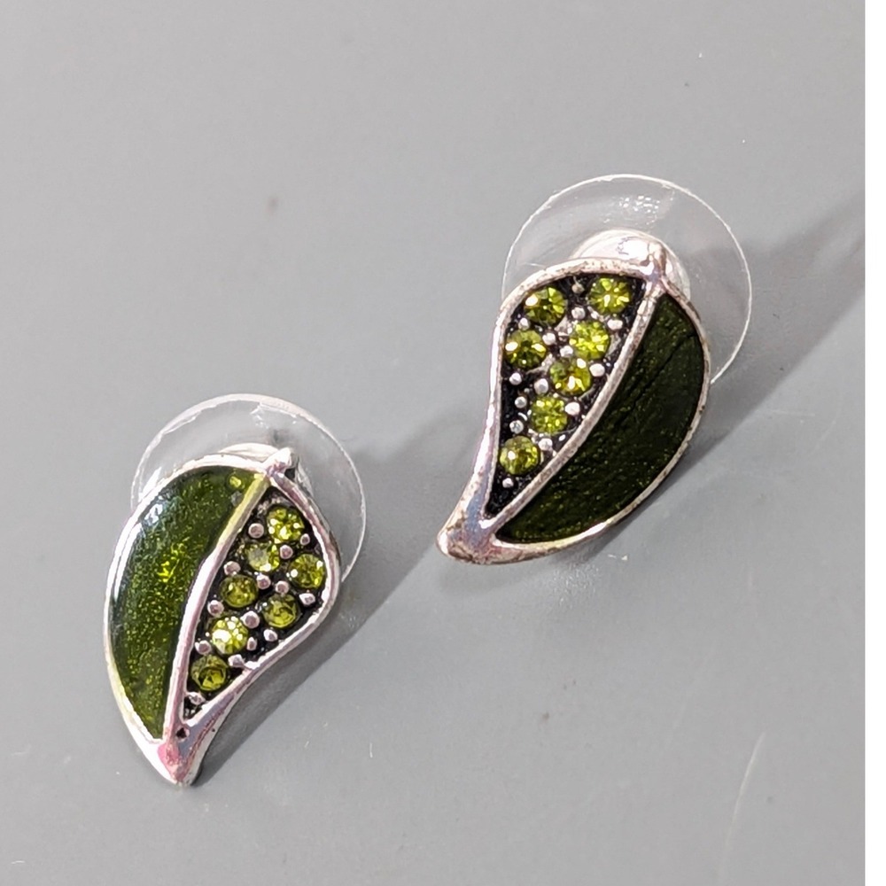 Kenneth Cole Green Enamel Rhinestone Pave Leaf Stud Earrings Silver Tone